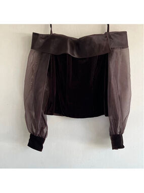 Alex Evenings Brown Velvet Organza Off-Shoulder Blouse MP